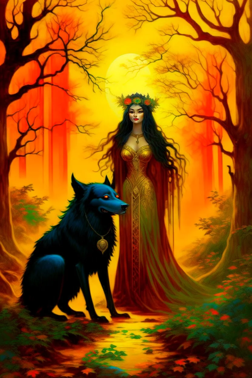 In the heart of a dense and enigmatic forest with towering ancient trees cloaked in yellow and amber foliage stood a bewitching sorceress possessing an ethereal allure her lustrous hair cascading in ebony waves down to her slender waist that turns into roots In the background a faithful companion a majestic canine of Belgian shepherd lineage roamed at her side its eyes illuminated by an otherworldly crimson glow exuding an aura both mysterious and demonic