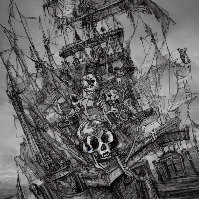 Skeleton pirates on a big, scary ship, artistically