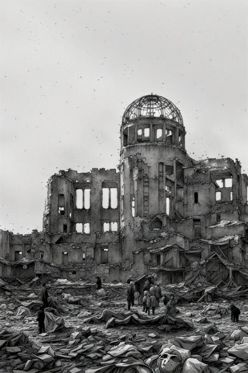 hiroshima dome, manga page, greyscale, line arts