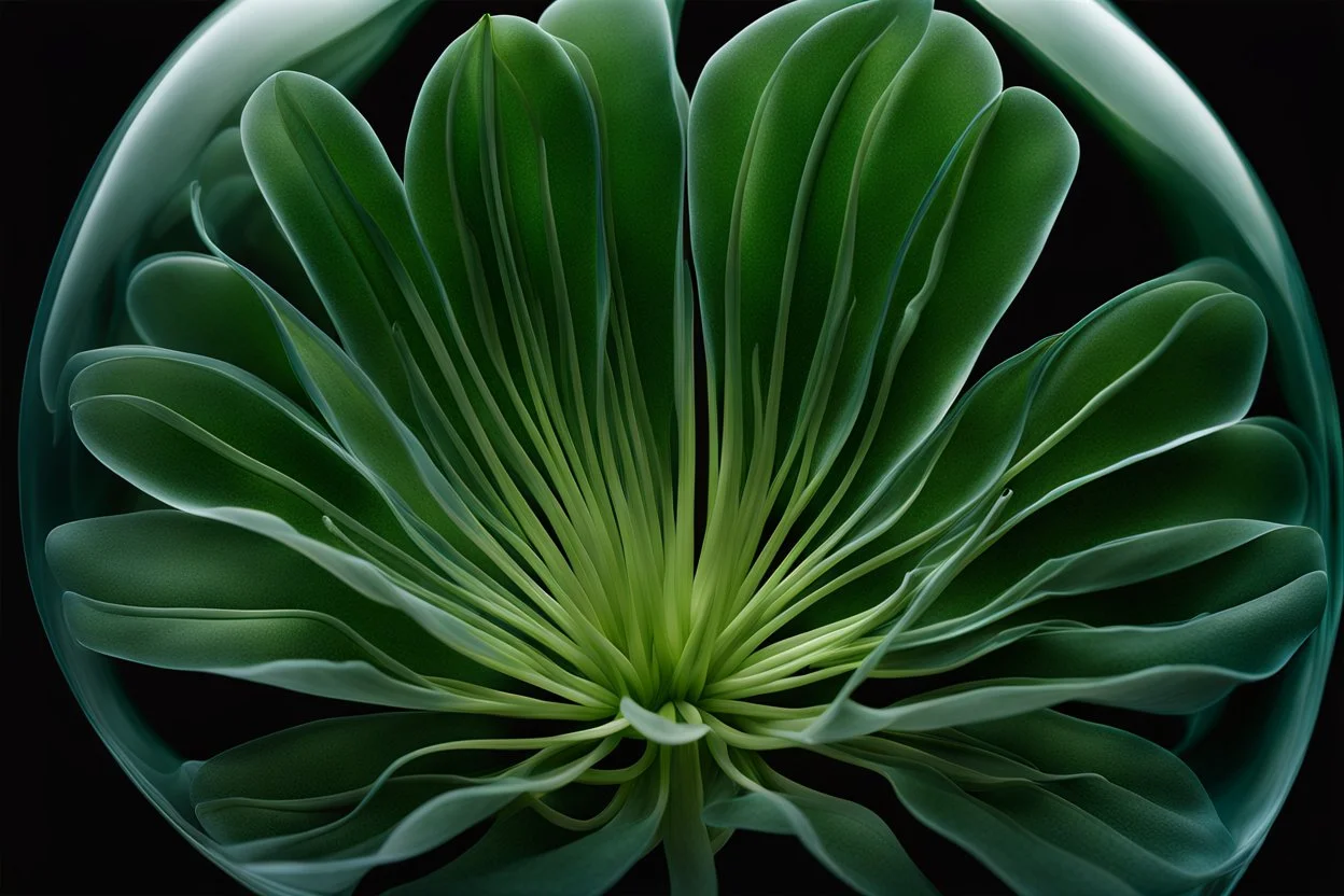 A mesmerizing depiction of dark green botanic organ mutation, inside translucent bulging glass petals. This exquisite image, possibly a painting or digital artwork, captures the complexity and elegance of this bizarre subject.the external presentation is a light blue beautiful and fragile pretty opacity, but inside is a horror muatation of botanical ecco sexual evolution. Every intricate detail is meticulously rendered, showcasing the strangeness and beauty in this strangely captivating world. T