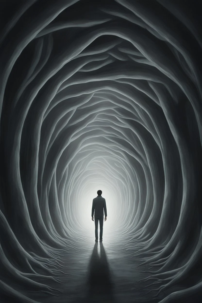 A surreal scene a tunnel-like structure filled with intertwined gray hands , The tunnel is lined with countless writhing aliens bodies, creating a chaotic and nightmarish atmosphere. At the end of the tunnel, a solitary figure walks towards a distant light source, casting a glow that illuminates the scene. The overall color palette is muted with shades enhancing the ominous and unsettling mood. The level of detai