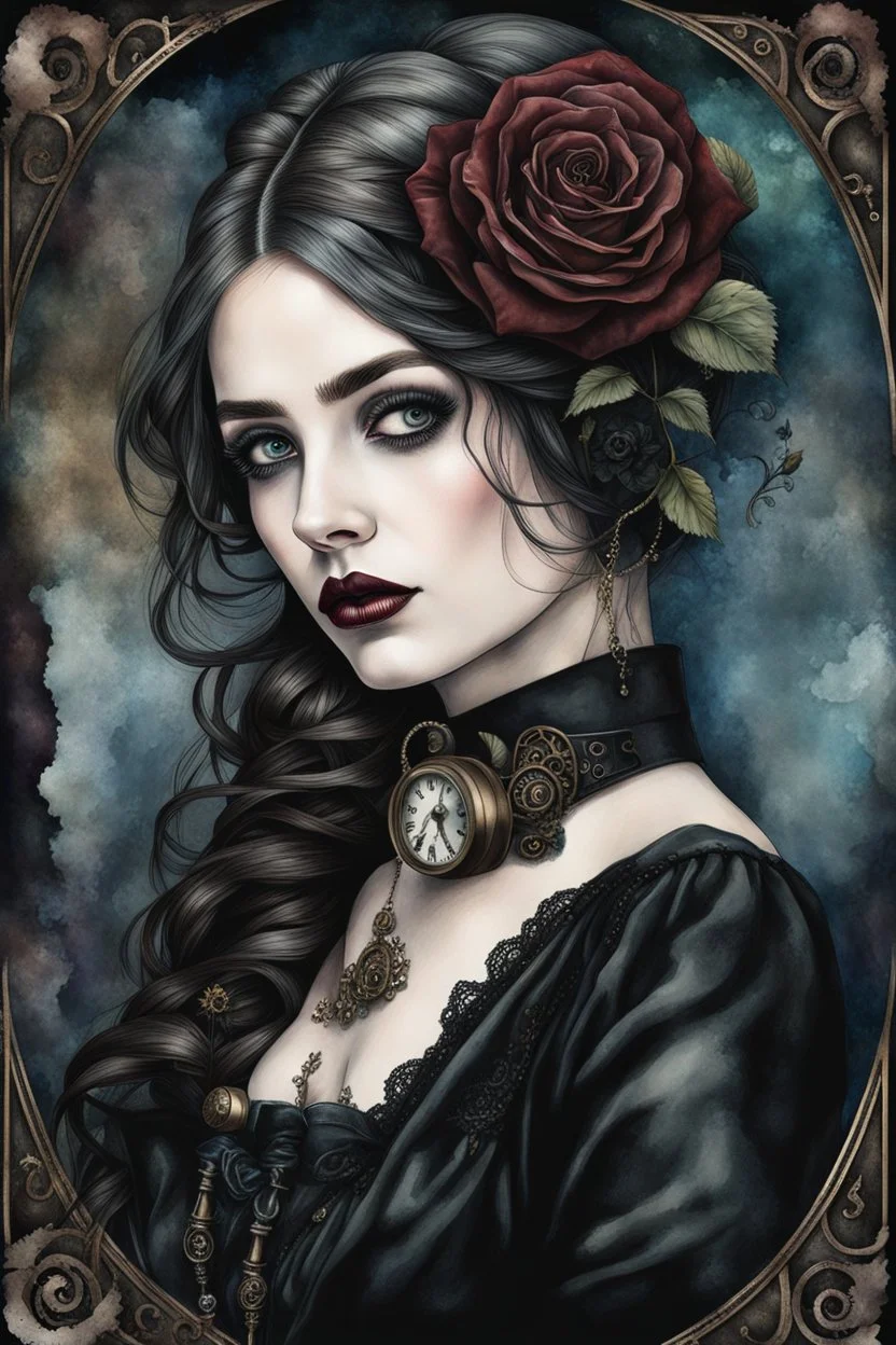 hyper photorealistic watercolor art style of a steampunk gothic style young woman with pale skin, big dark eyes, tiny nose, tiny mouth and messy dark hair , deep, dark colors, holding a black rose. She is gothic dressed, her expression is melancholic, surreal with mysterious elements. smooth blending, extremely detailed, realistic textures, cinematic, dramatic lighting