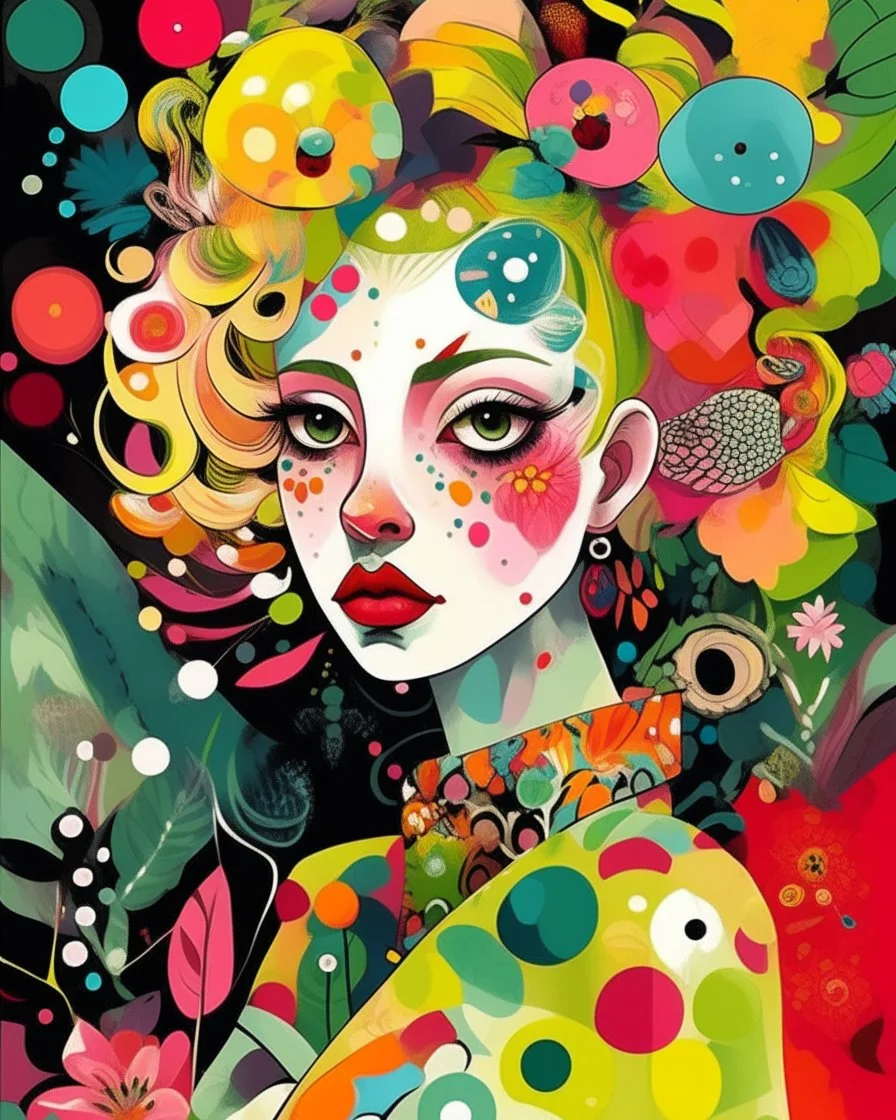 creative artistic modernist vibe, messy painterly, stylized illustration of a pale young woman with distinctive features, wearing a bold polka-dot outfit. She has extremely expressive eyes, sharp face, small nose and is adorned with oversized flowers in her hair. A delicate bird with intricate patterns is perched in her shoulder. bright accents color scheme with textured backgrounds. Overall style is painterly creative artistic modernist with a touch of whimsy vibe.