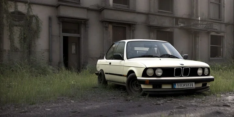 an abandoned 1990 bmw 2-door overgrown by nature ,ultra realistic,concept, 4k ,on street, parked in crowded city winter,8k resolution, high-quality, fine-detail