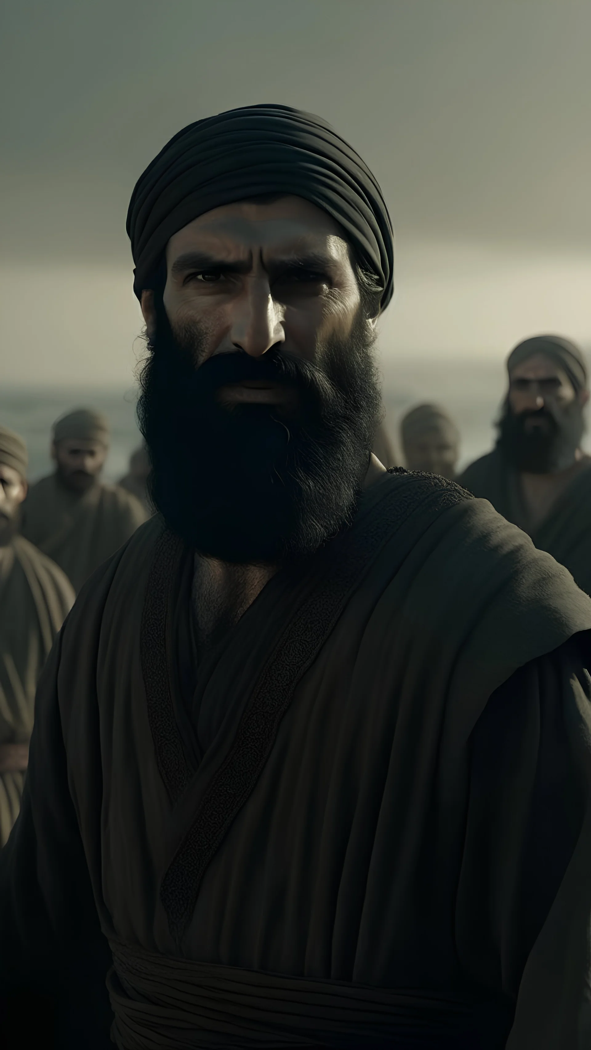 Imagine a scene of a big arabic Muslim man surrounded by a hill of his soldiers, not looking to the camera, short black beard, big nice face, addressing his soldiers near the seashore, burning, burning ships, light black clothing, historical war clothing, large focus, great features, high quality, high detail, 4k, detailed textures.