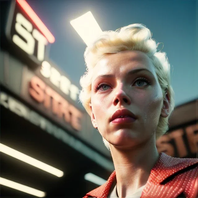 Ultra Realistic retro sci-fi afire Supermarket parking scene, 1960 year, blonde woman, sweet scarlet Johansson face, perfect iris, glow eyes, face makeup, tight latex coat; many panic people looking, Retro sci-fi style, soft color, highly detailed, unreal engine 5, ray tracing, RTX, lumen lighting, ultra detail, volumetric lighting, 3d, finely drawn, high definition, high resolution.