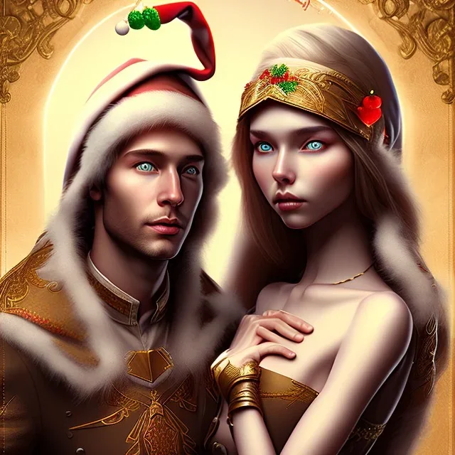 two elves. woman and man. Christmas scene. photorealistic. low-key