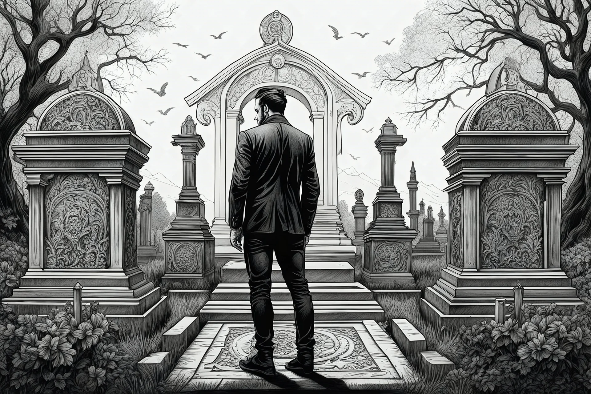 Man standing a front of grave of Cemetery in 8k tattoo drawing style, intricate details, highly detailed, high details, detailed portrait, masterpiece,ultra detailed, ultra quality