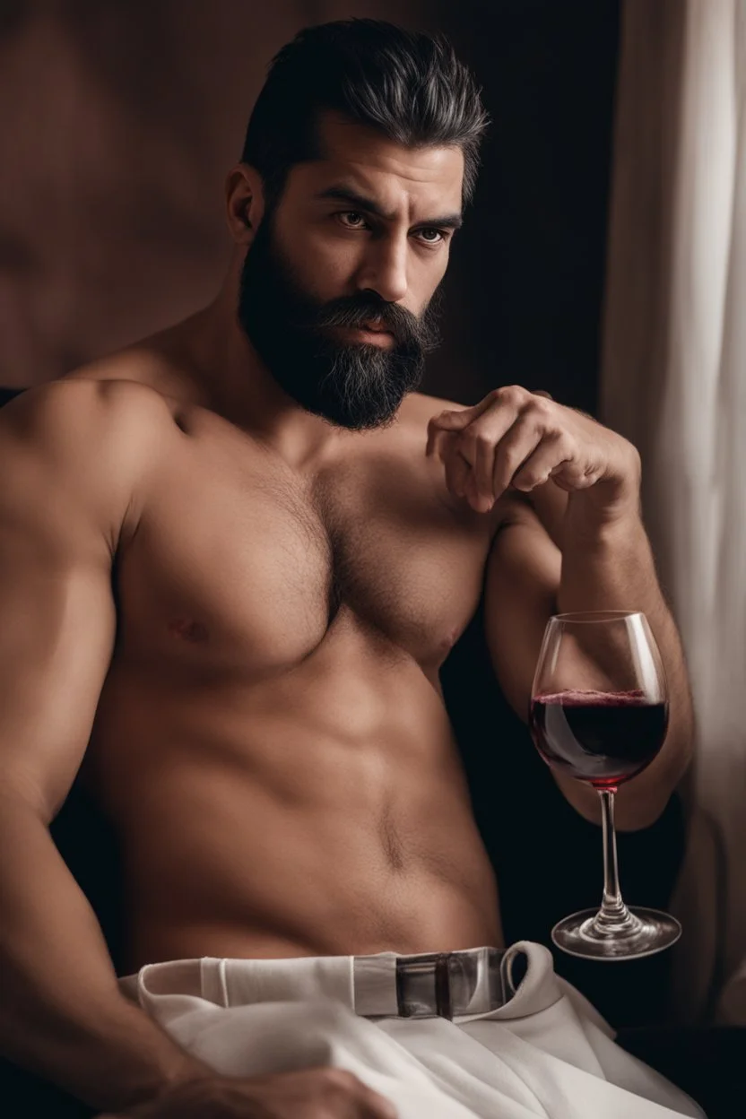 photorealistic half figure shot photography of an ugly 30 year old italian boxer with big broken nose, beefy masculine rude man, very long muslim black beard, shirtless, manly chest, big shoulders, side light, ambient occlusion, sitting on a sofa with bulging white pants, drinking red wine, sun from window, emotive expression, shaved hair