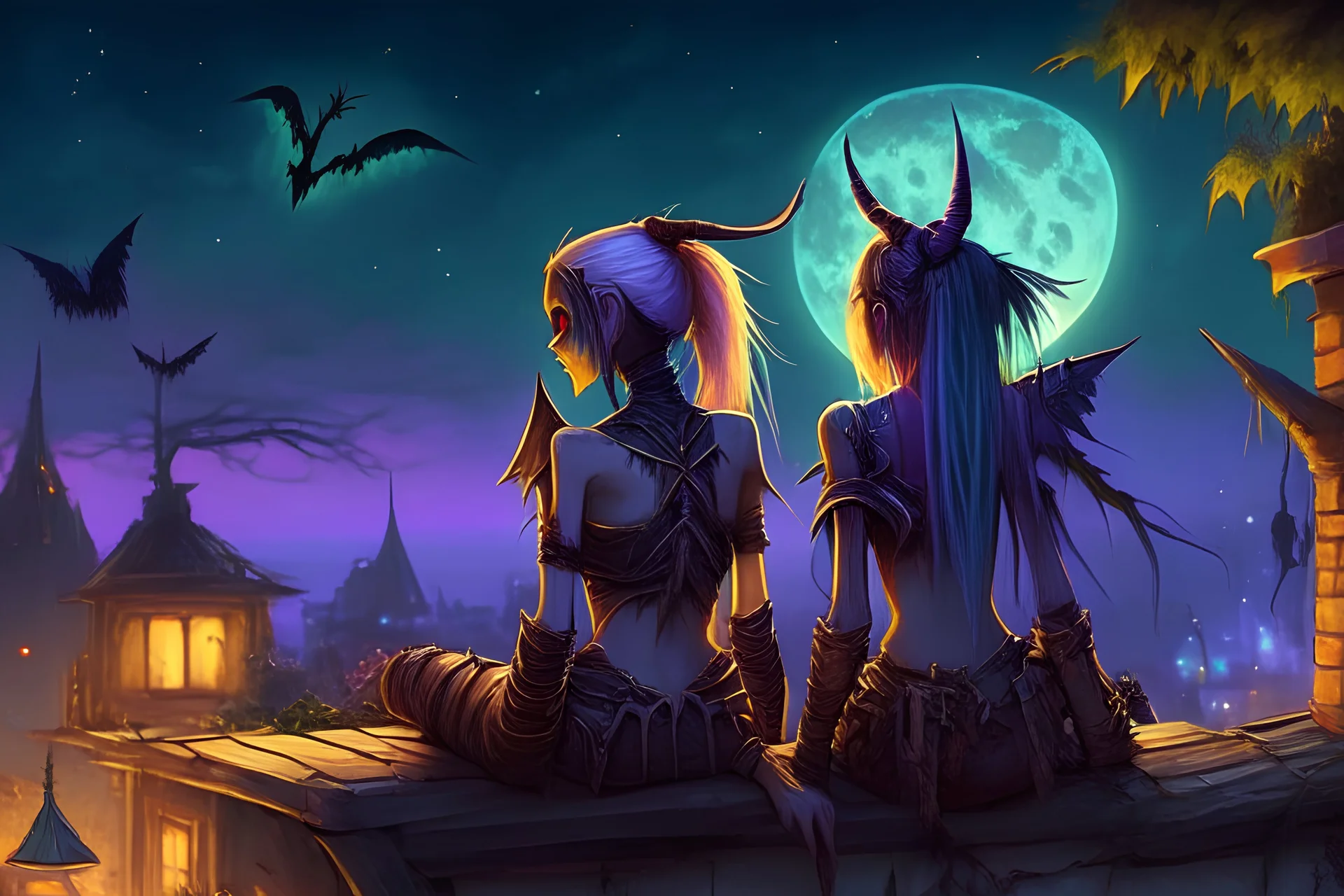 World of Warcraft; a female undead and a blood-elf; sit on the roof; summer night; Bolarus; fireflies; lovers; laughing; back view; no faces