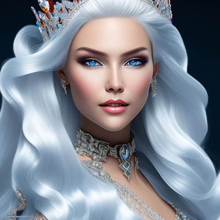 Ice Princess with white hair smilling, a crown with precious stones, bright background