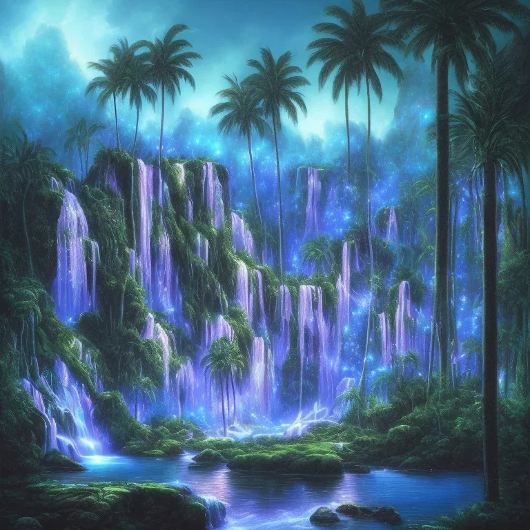 turquoise neon waterfall with palm trees sparkling at night in a cave detailed realistic glowing