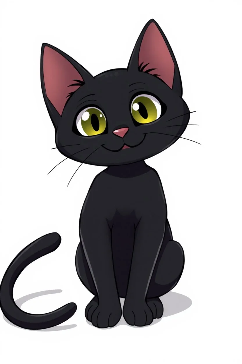 thin black cat on white background, sitting proud smile, large eyes, anime