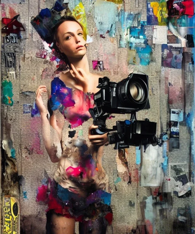 happy beautiful girl holding big proffesional camera in studio. street art, oil on canvas, spray paint, collage, letters, newspapeers, Dave McKean, Vladimir Fedotko, Saturno Butto, Vaughn Bodé, Frank Wu, James C. Christensen, collage, dirty, paint dripping, radiant