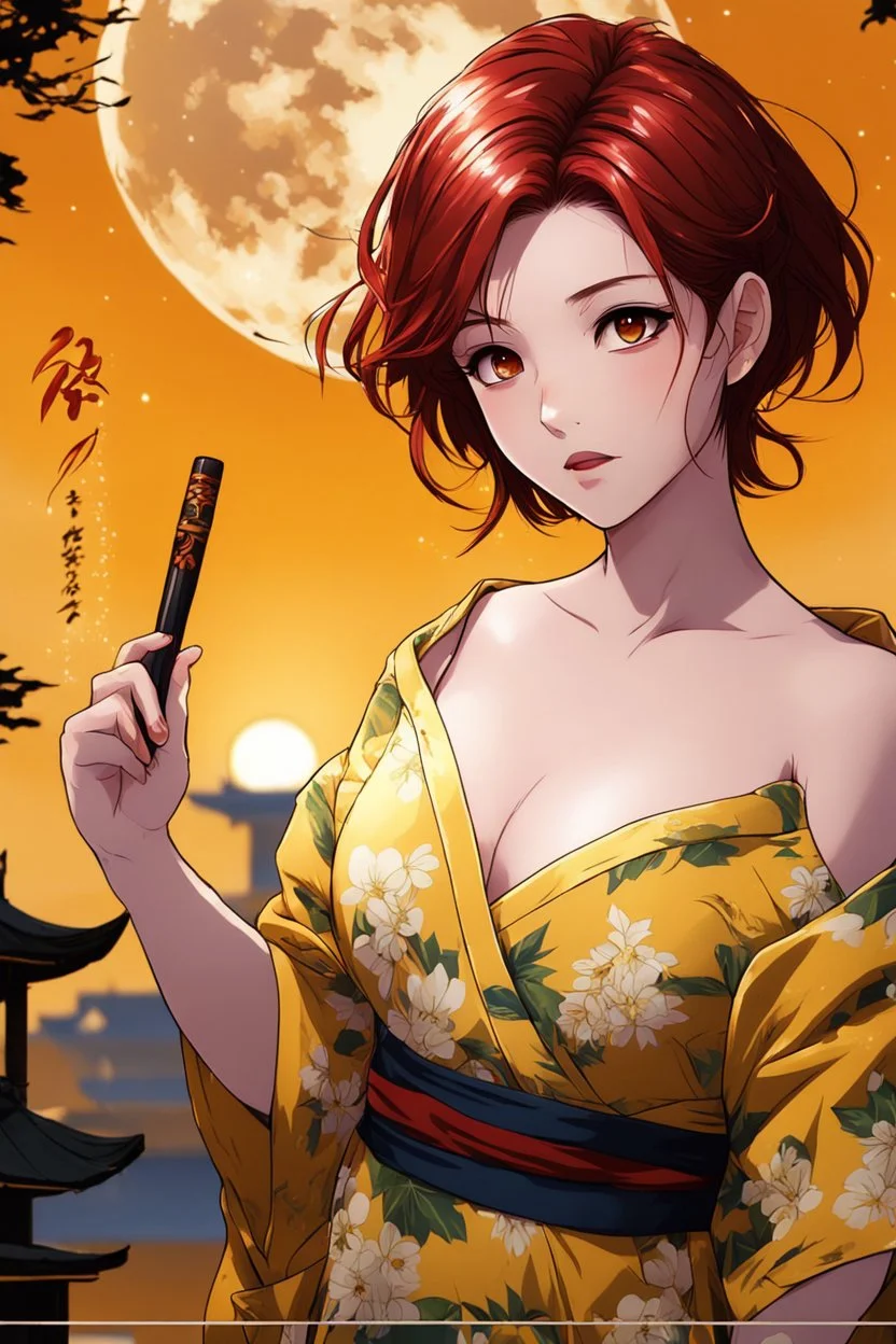 (Asian), short hair, fiery red hair hair, normal hands yukata, yellow clothes, 8k, best quality, winking, very dark night time, lighting from moon yellow moon, perfect, masterpiece, anime style, cartoon style,