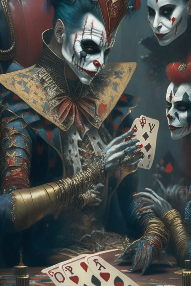 A harlequin character, playing cards with other people , sf, intricate artwork masterpiece, ominous, matte painting movie poster, golden ratio, trending on cgsociety, intricate, epic, trending on artstation, by artgerm, h. r. giger and beksinski, highly detailed, vibrant, production cinematic character render, ultra high quality model