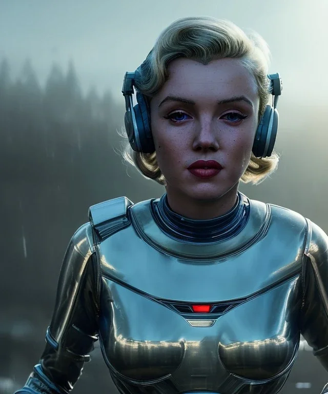 Ultra Realistic retro sci-fi 1960 scene, waist up view portrait, blonde woman, sweet young Marilyn Monroe face, perfect iris, tight latex coat, Strange planet background, Retro sci-fi style glass helmet, sphere dron, fog, rain, soft color, highly detailed, unreal engine 5, ray tracing, RTX, lumen lighting, ultra detail, volumetric lighting, 3d, finely drawn, high definition, high resolution.