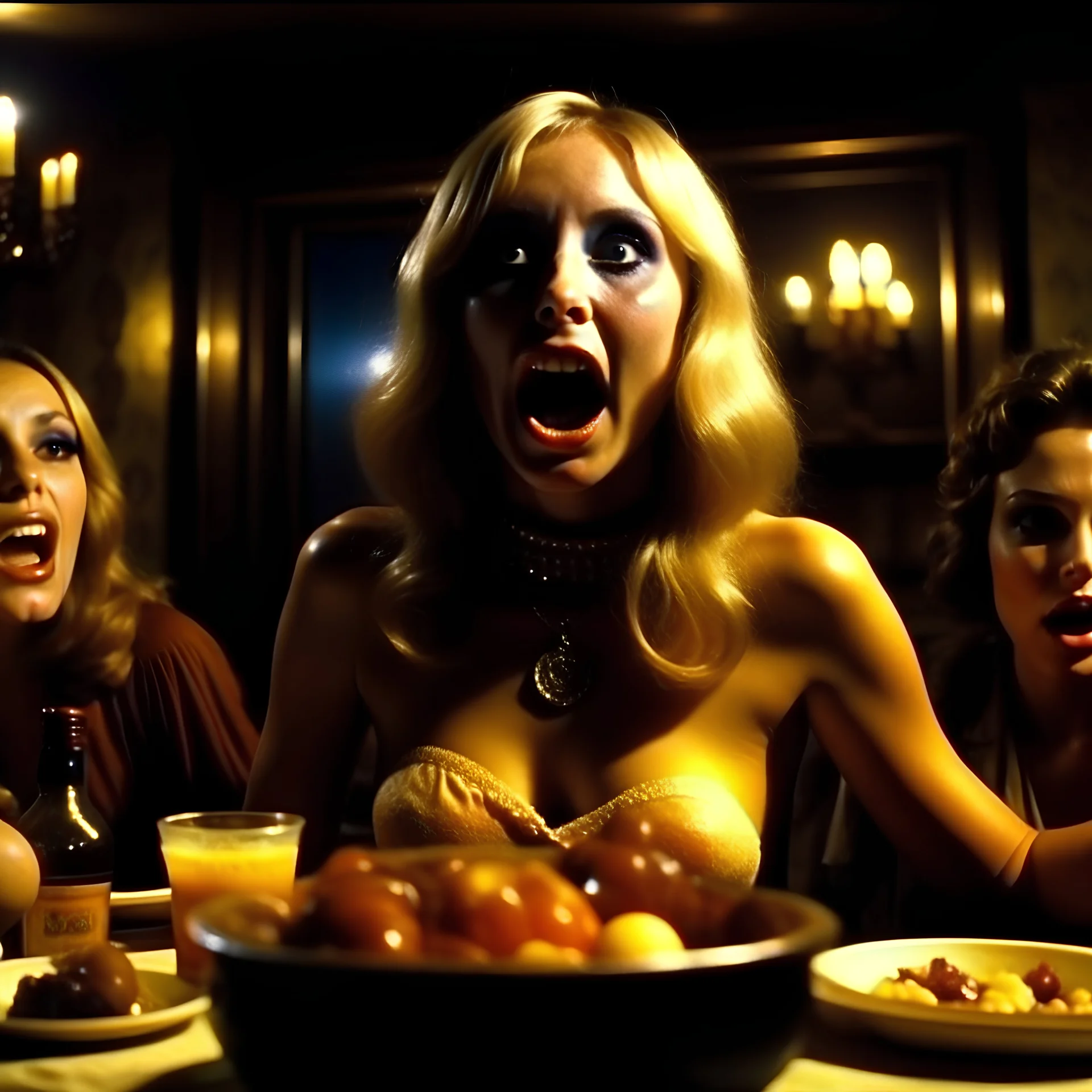 Horror movie shot, spooky, ultra realistic, dine, devil, spooky beast, ultra realistic hot blonde women, party, pieces of meat, organs, ail dynamic, anguish, very excited people, hypermaximalist, 1970's Italian horror movie, sinister, John Carpenter, Dario Argento, Stanley Kubrik, ornate, 4k, photorealism