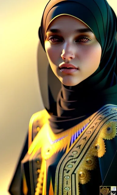 Arab teen girl , cute, beautiful, long hair, wavy hair, black eyes, She wears an Arab abaya، head and shoulders portrait, cinematic, 8k, resolution concept art portrait by Greg Rutkowski, Artgerm, WLOP, Alphonse Mucha dynamic lighting hyperdetailed intricately detailed