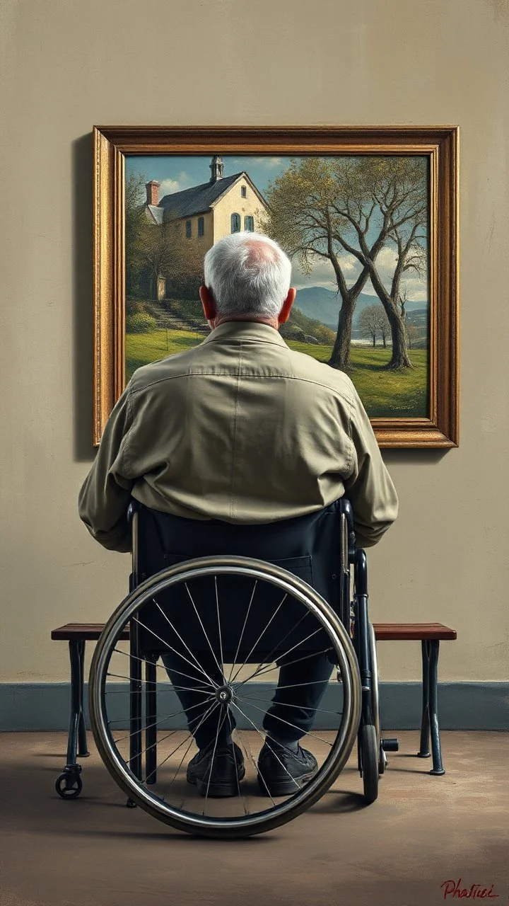 Bosch painting style a rear view of a handicapped man sitting on a bench facing a a surrealism picture on the wall , show from the back of the picture