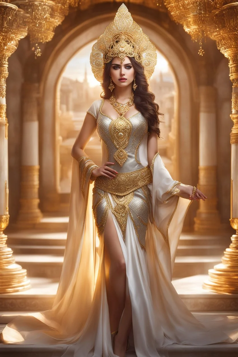 Beautiful Goddess Photo Portrait Fantasycore Artwork, fullbody,wearing traditional golden silver ornaments dress ,Intricate Photography, A Masterpiece