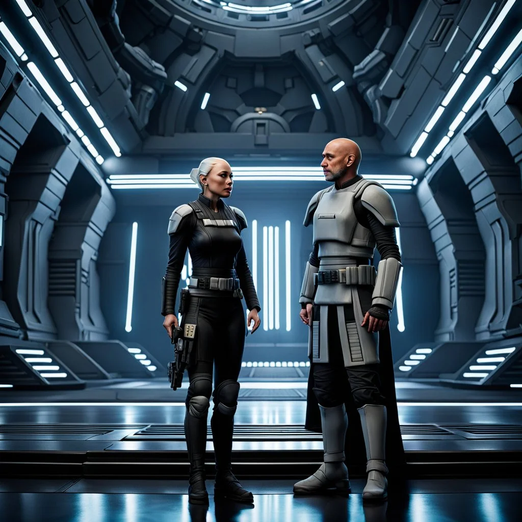 a bold and heroic bald male Corellian pilot in black and grey First Order special forces gear meets a female Jedi Master in ancient, mystical temple, hyperdetailed, dynamic lighting, hyperdetailed background, 8k resolution, volumetric lighting, light skin, fully symmetric details