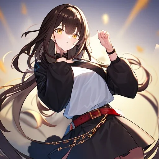 Clear focus, High resolution, rough line art, cute, cartoon, long greyish brown hair, fluffy, long bangs, wearing a white shirt with two grey lines going down, wearing a red belt with a yellow chain on the belt, wearing a black skirt with yellow dots going around it, black sleeves with a yellow strap on each arm, intricately detailed outfit