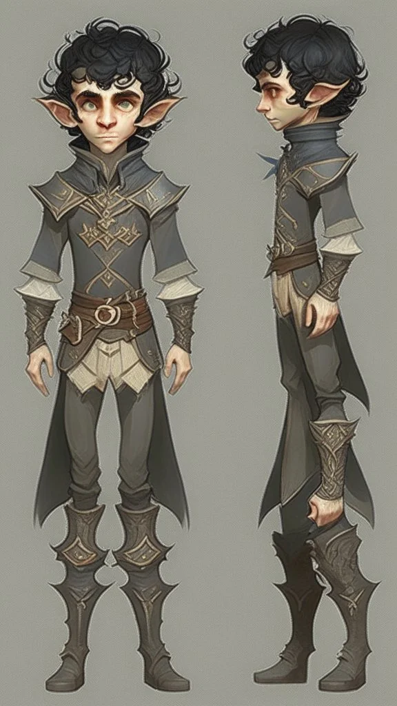 turnaround character of a boy elf, he has curly, black hair and sharp cheekbones. His eyes are black. pale skin. He wears fantasy medieval clothes. full body with boots