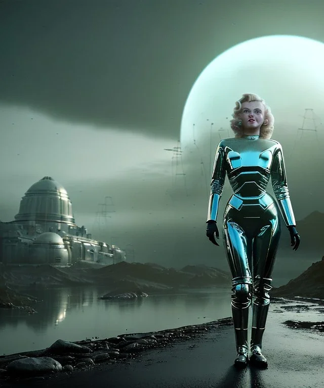 Ultra Realistic retro sci-fi scene, portrait, 2 blonde woman clones, sweet young Marilyn Monroe face, perfect iris, tight latex coat, helmet, Strange planet background. Spaceship, fog, rain, soft color, highly detailed, unreal engine 5, ray tracing, RTX, lumen lighting, ultra detail, volumetric lighting, 3d, finely drawn, high definition, high resolution.