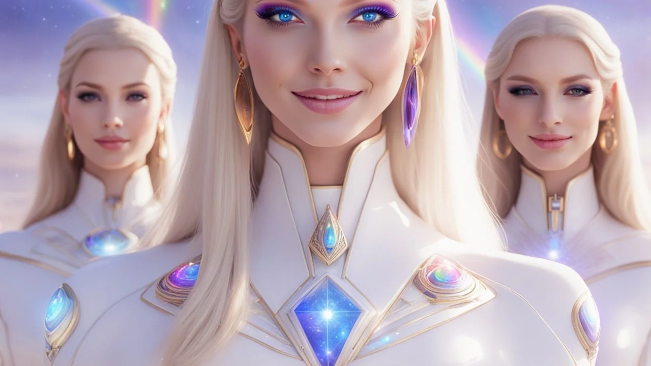 cosmic woman ,beautiful ufos rainbow, admiral from the future, galactic confédération, fine whole face, crystalline skin, expressive purple eyes,rainbow, smiling lips, very nice smile, costume pleiadian, Beautiful tall woman pleiadian Galactic commander, ship, perfect datailed golden galactic suit, high rank, long blond hair, hand whit five perfect detailed finger, amazing big puple eyes, mouth, high définition lips, cosmic happiness, bright colors