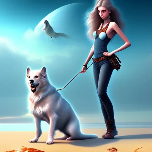 tablet on the beach, girl with dog, fantasy art, computer graphics,realistic