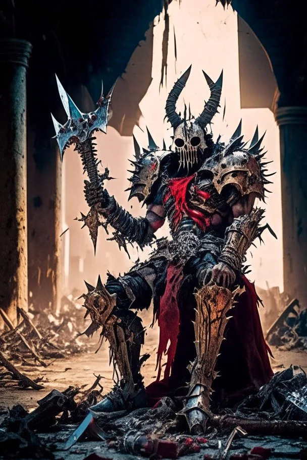 metal maden male chaos warrior of khorne in armor is holding a great sword in a ruined post-apocalyptic city, sci-fi, fantasy, horror, skulls on the ground, blood, Tornado, Roman, Empty chairs,Tangled roots,Key, Warped,Mangled,Ethereal, (Isolation:1.1), (Glaze:1.1), (Reflected light:1.2), Glass, Polygon, ultra detailed, intricate, oil on canvas, dry brush, (surrealism:1.1), (disturbing:1.1), trending on artstation, sharp focus, studio photo, intricate details, highly detailed, by greg rutkowski,