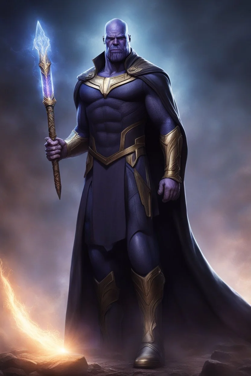 Thanos is the god of power and evil The commander wears a black cloak and a long coat with long combat boots and a long spear with a hat under his cloak with blue flame eyes, a sword like a spear