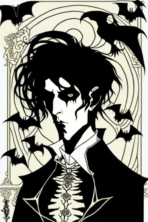 goth male necromancer with black hair and bats in the style of Aubrey Beardsley