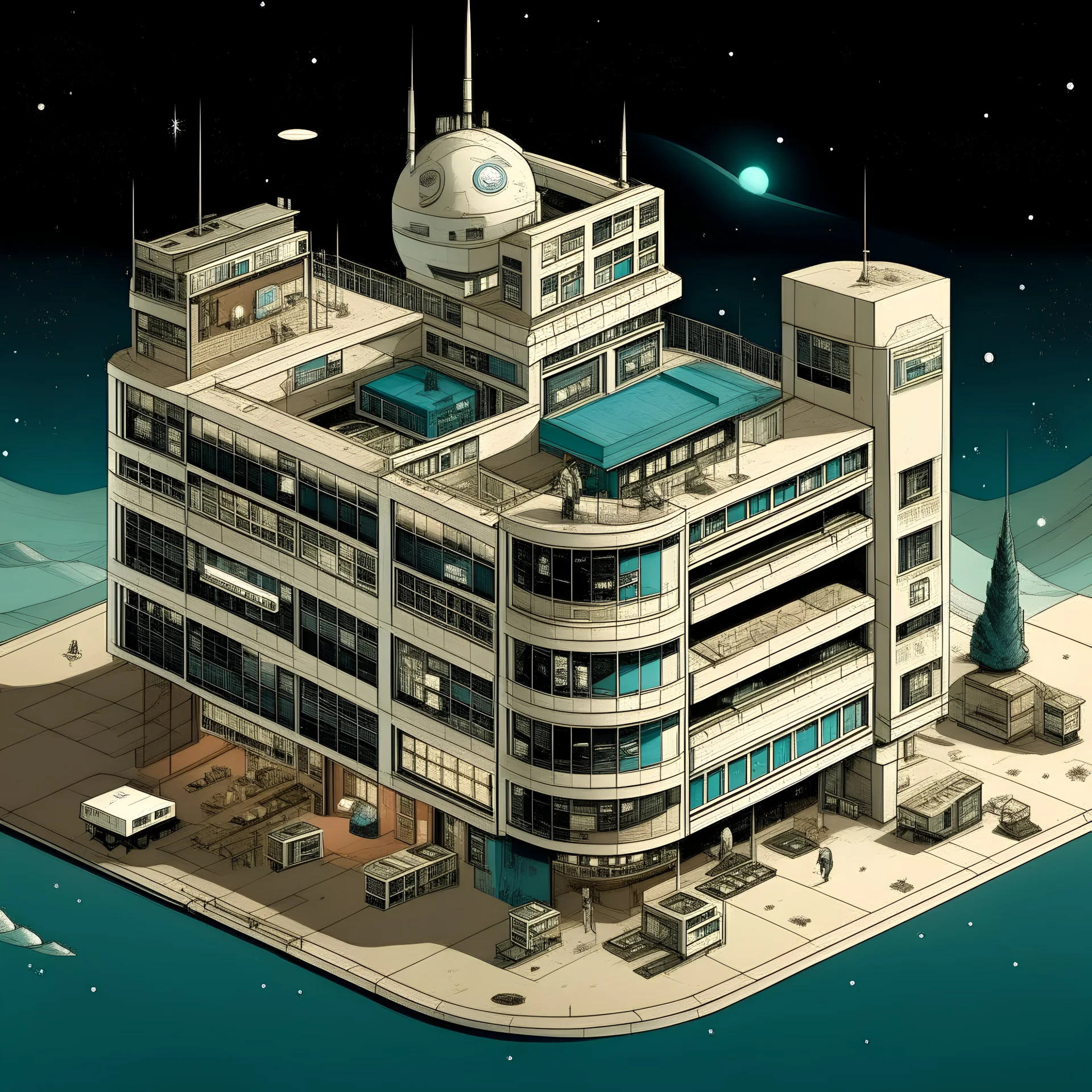 a realistic drawing of a hotel in space. This hotel does house people with the appearance of money, banknotes.