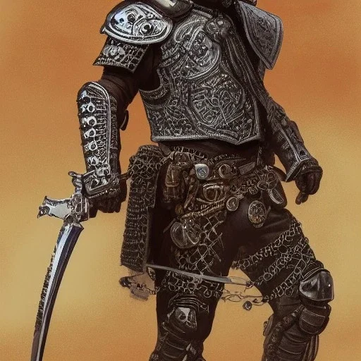 Full body portrait,"Insanely detailed photograph of an armored mariachi warrior with sword", intricate chainmail charo,detailed Sombrero, intricate D20 buttons, digital painting, artstation, concept art, smooth, sharp focus, illustration, art by artgerm and greg rutkowski and alphonse mucha, 8 k