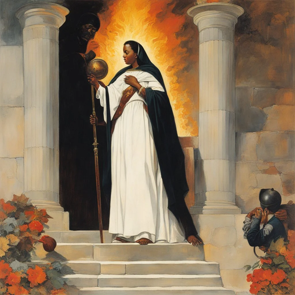 [art by Norman Rockwell] With newfound determination burning in his eyes, Roupinho stepped back, his gaze lingering on the statue of the Black Madonna. Leaving the grotto, Roupinho emerged into the world, his heart aflame with the divine spark that had been ignited within him. And so, the knight set forth on his sacred quest, his destiny intertwined with the miraculous presence of the Black Madonna of Nazaré. The echoes of his pledge reverberated through the hallowed halls of his soul, ignitin