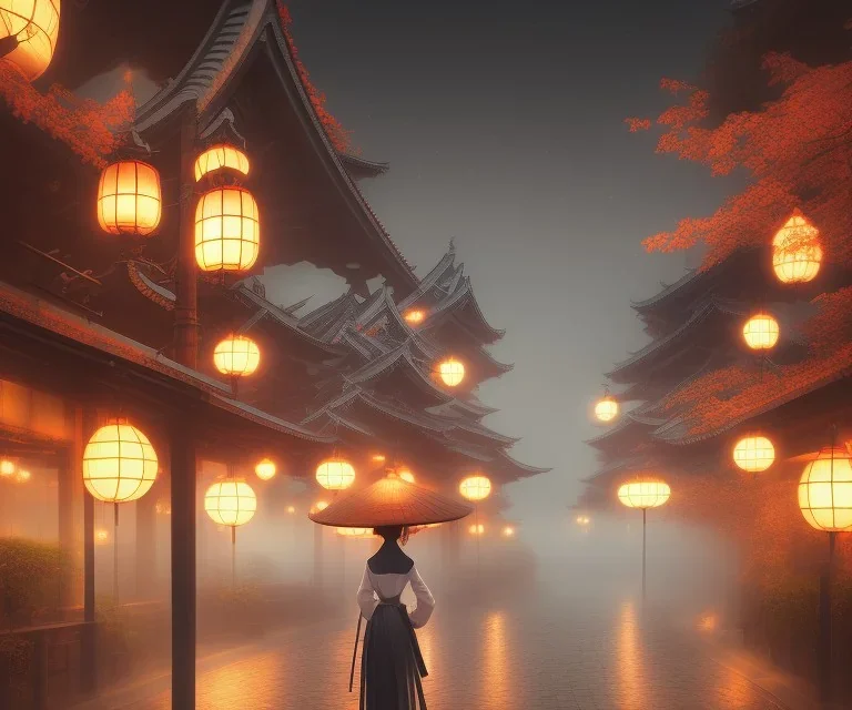 misty foggy area with a geisha in the middle of a bright japanese village at night