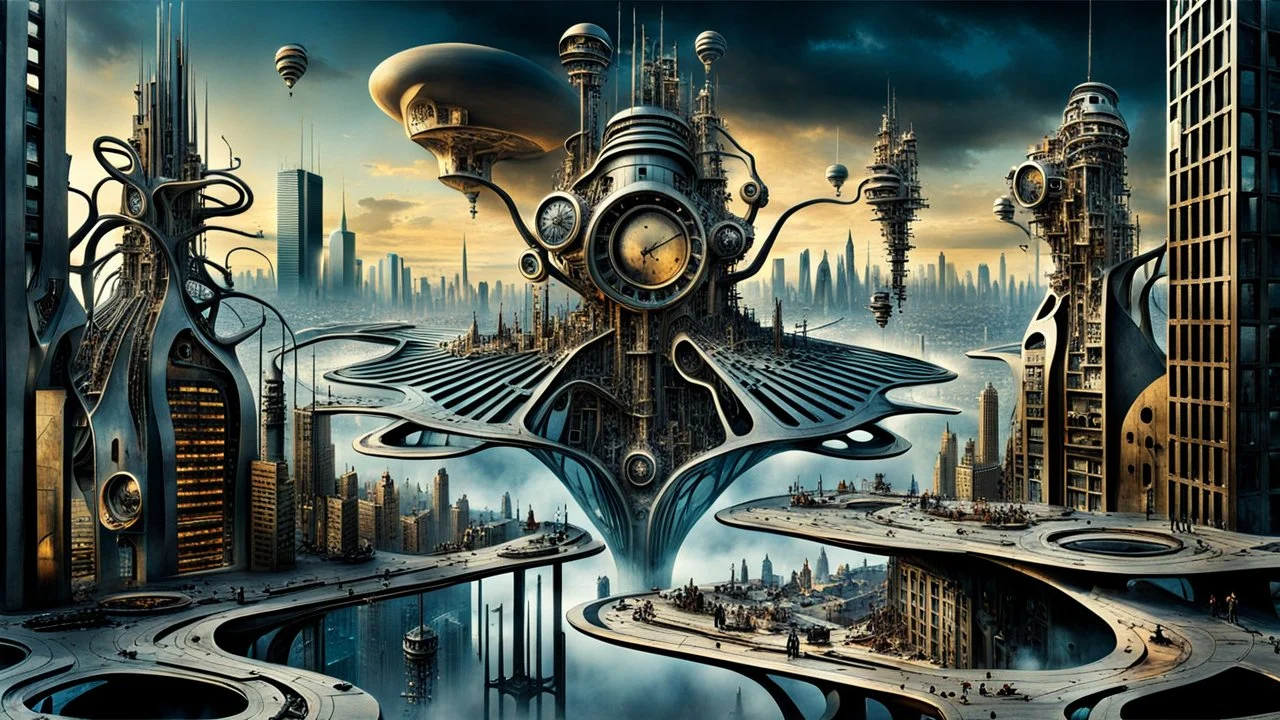 a stunningly weird image of a futuristic metropolis using Salvador Dali's paranoiac-critical method, where buildings and structures appear to melt into the skyline cityscape is filled with floating mad, twisted sharp metal shapes that interact with the buildings and each other, forming a surreal tableau of a dreamlike reality. neu-steampunk vibe, essence of the scene in a cinematic manner, with dramatic shadows that enhance the distorted perspectives and bizarre