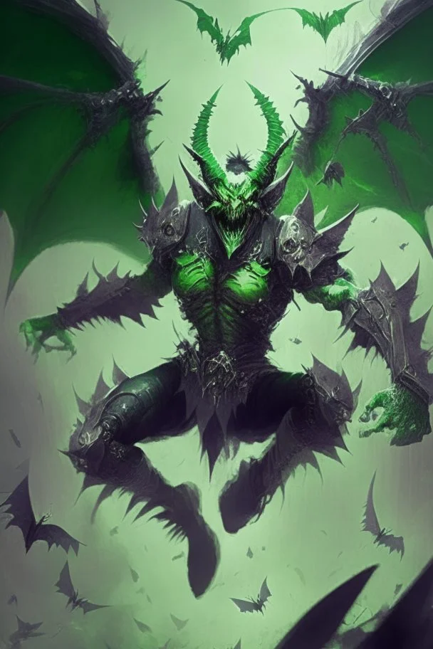 Demonio con armadura verde con negro y alas verdes celebrando en el aire