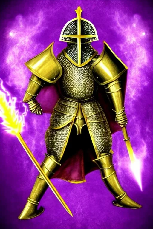 medieval Knight in golden jeweled armor vs dragon, violet color, high detail, sorcery, sparks, mechanical, plasma, treasure, weapons, slithery, goofy