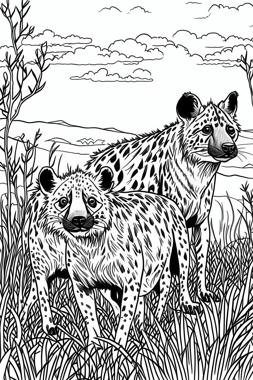 Outline art, no shading, hyenas standing in the bush, full body, cartoon style, black and white, low detail, --ar 9:11