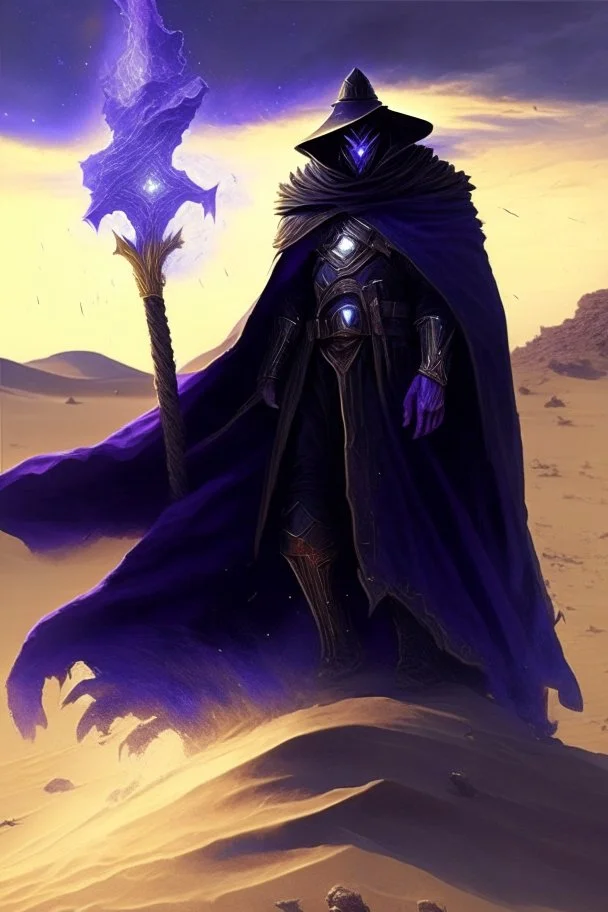 Thanos is the god of power and evil The commander wears a black cloak and a long coat with long combat boots and a long spear with a hat under his cloak with blue flame eyes, a sword like a spear The sun in the palm of a brave man in the middle of the desert