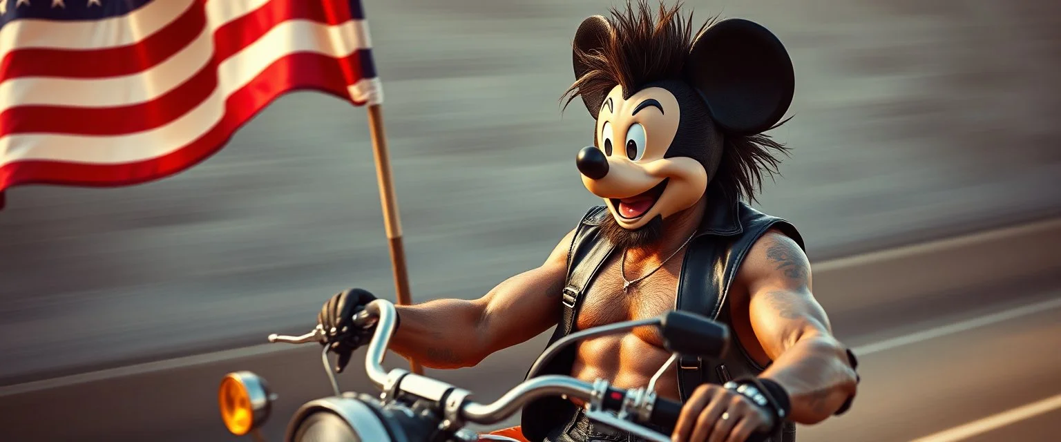hi speed bad ass cyber punk masculine realistic rock star glam mickey mouse humanoid with hairy arms and chest, on trike , motion blurred background, holding american flag