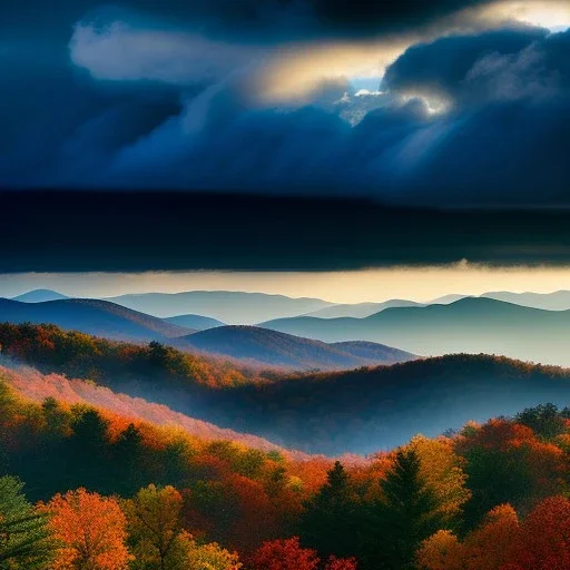 Blue Ridge Parkway, North Carolina and Virginia,aerial view,cloudy,extremely detailed digital painting, high resolution,8k, realistic, beautiful, volumetric lighting, mystical colors ,perfectly centered image, perfect composition, rim light, beautiful lighting,masterpiece, stunning scene, raytracing, anatomically correct, in the style Van Gogh and robert e howard and Ken Kelley and Ohrai Noriyoshi and Simon Bisley and tomzj1.