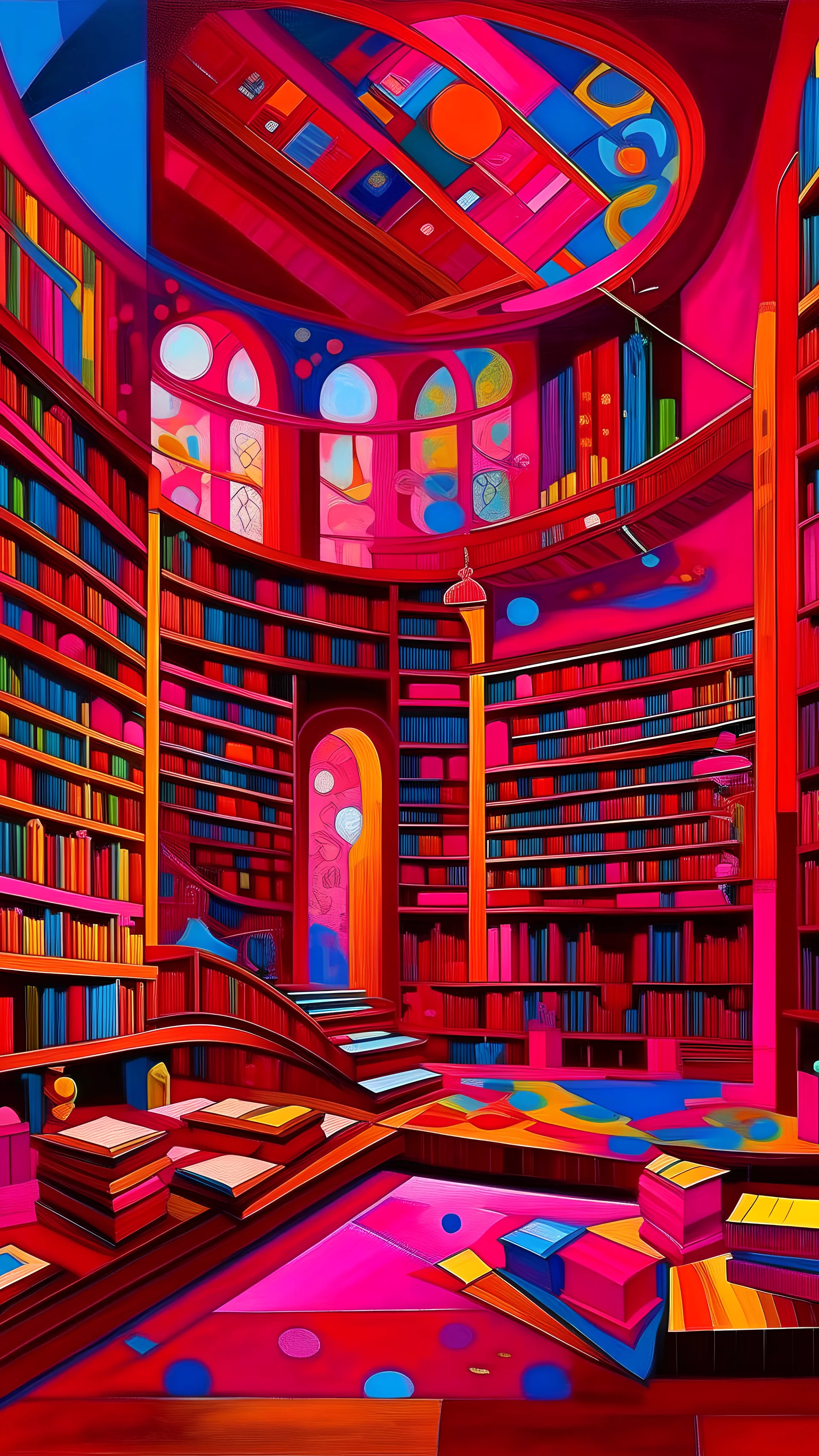 A magenta library made out of arcane magic painted by Wassily Kandinsky