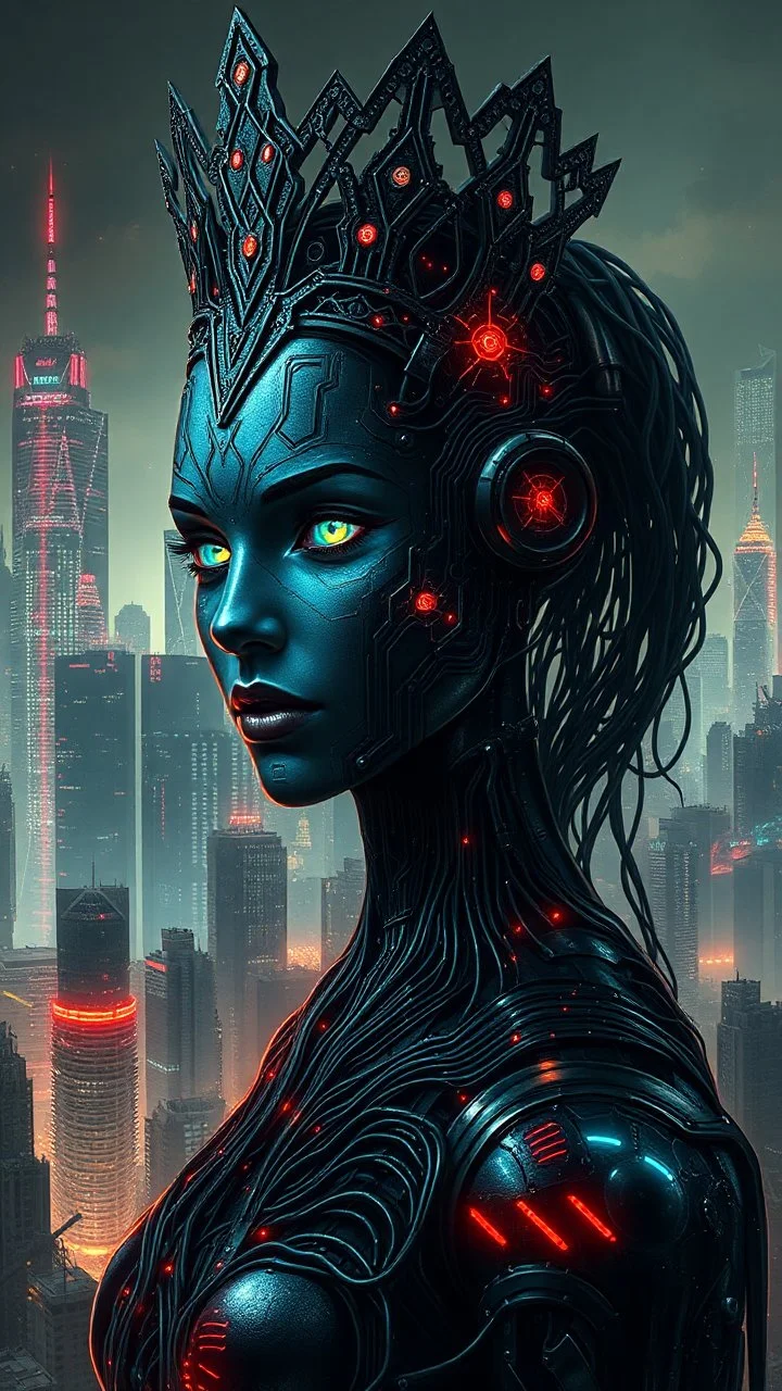 In the eerie digital dystopia, a cybernetic queen reigns over a decaying kingdom of interconnected circuits and pixelated ruins. This digital painting depicts a hauntingly beautiful scene of a futuristic cityscape where neon lights flicker among broken skyscrapers. The queen's metallic skin glistens with intricate circuitry, her eyes glowing with artificial intelligence. The level of detail in the image is mesmerizing, with each pixel carefully crafted to create a sense of foreboding elegance. T