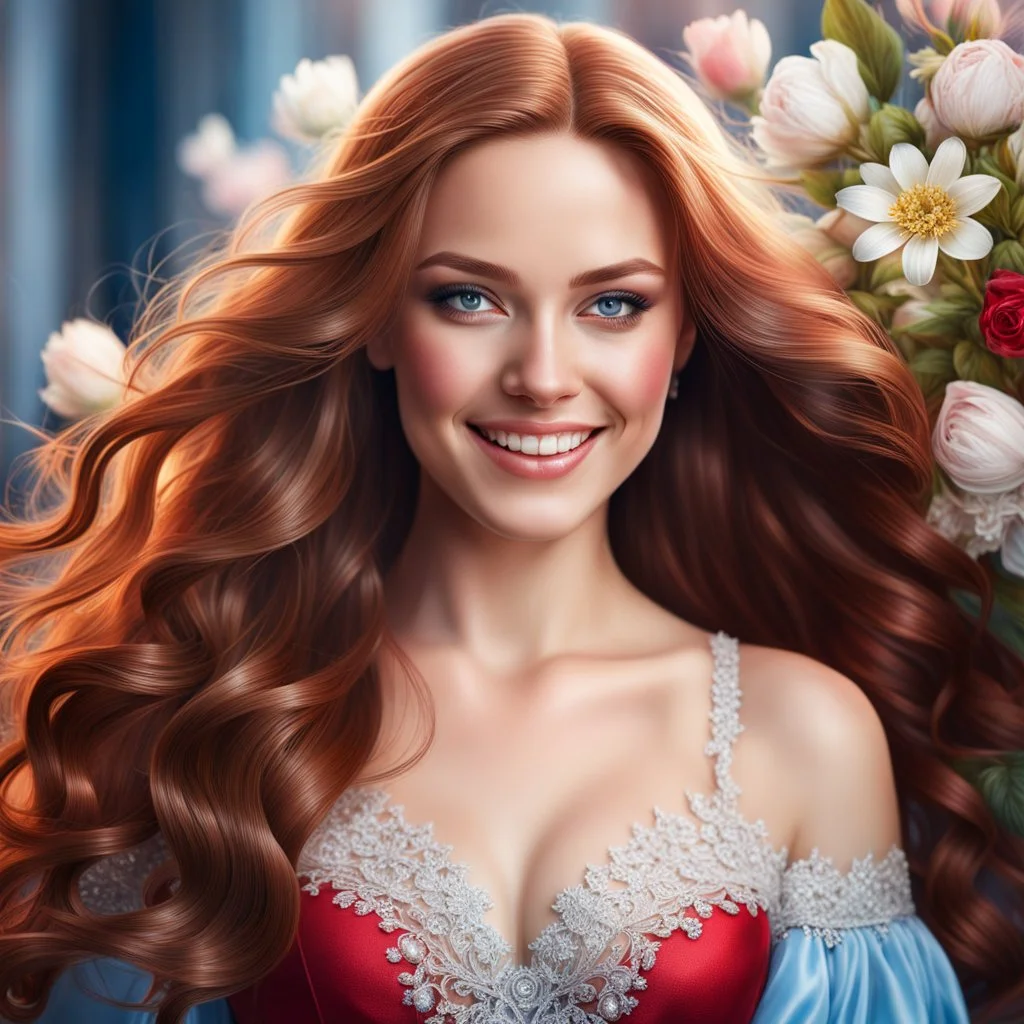 (best quality, 4k, 8k, highres, masterpiece:1.2), ultra-detailed, (realistic, photorealistic, photo-realistic:1.37),hyper realistic, gorgeous smiling 1woman,long hair,looking at viewer,realistic proportions,blue eyes,hair ornament,dress,very long hair,flower,red hair,parted lips,necklace,white dress,orange hair,lips,blurry background,freckles,realistic,head wreath,orange flower,realistic portrait