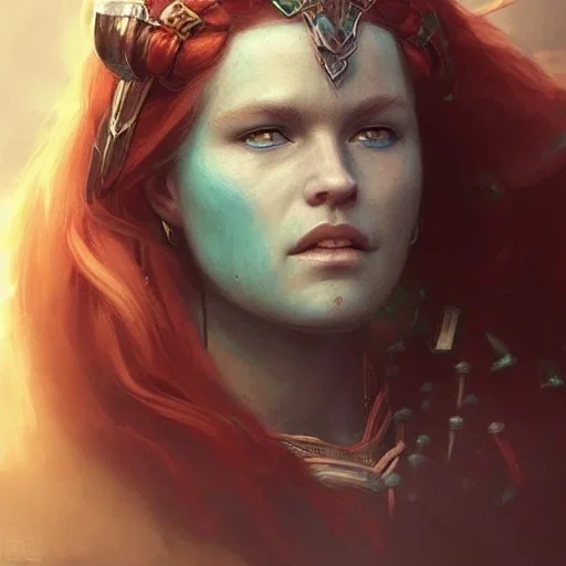 highly detailed portrait viking queen art, delicate red hair, blue glass eyes, green glass steel armor, cinematic lighting, 4k, 8k, octane render, digital concept art, greg rutkowski, trending on artstation, pinterest, extremely detailed, ambient lighting.