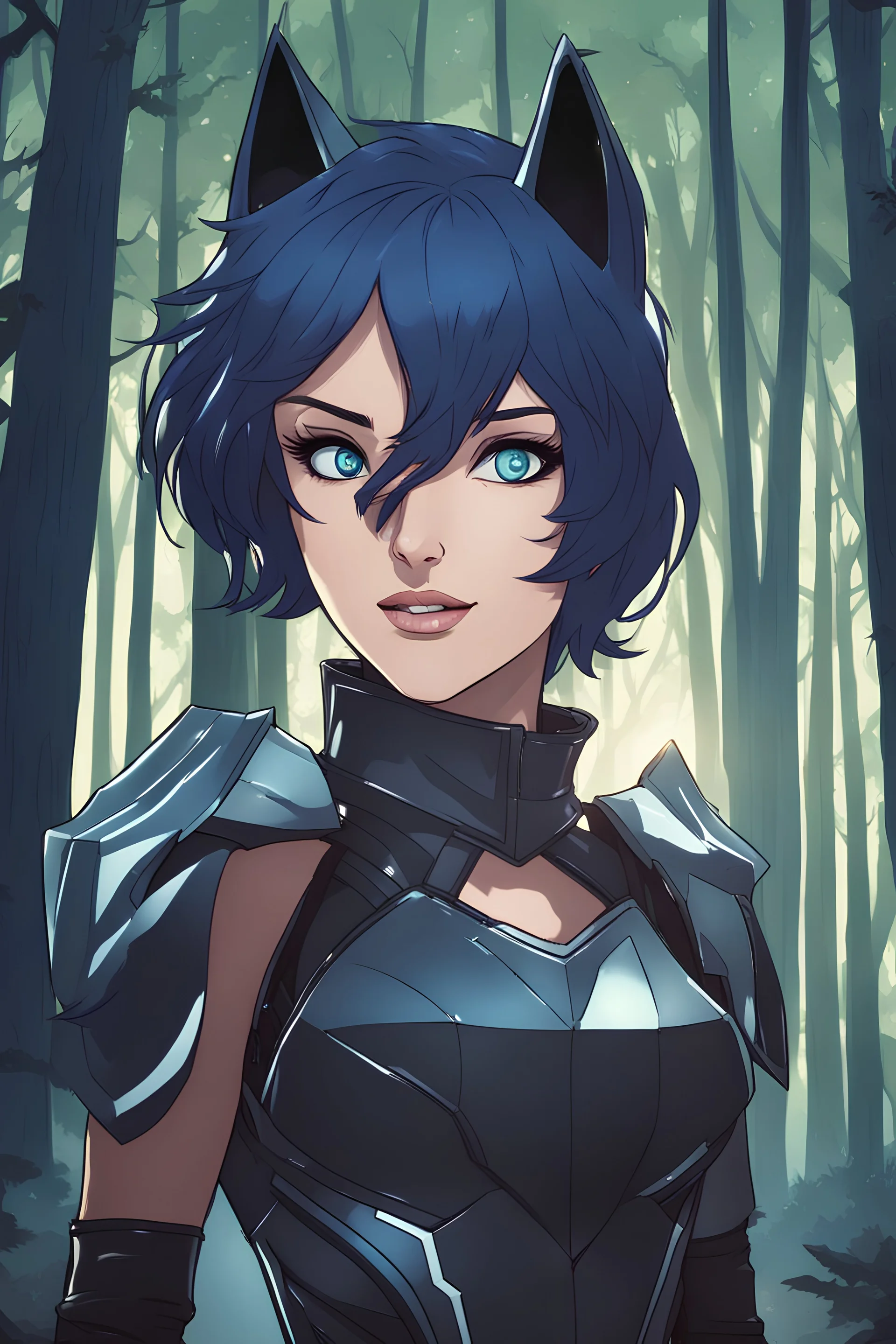 Young woman with midnight blue hair and wolf ears, vivid silver eyes, futuristic leather armor, grinning, fangs, woodland background, RWBY animation style